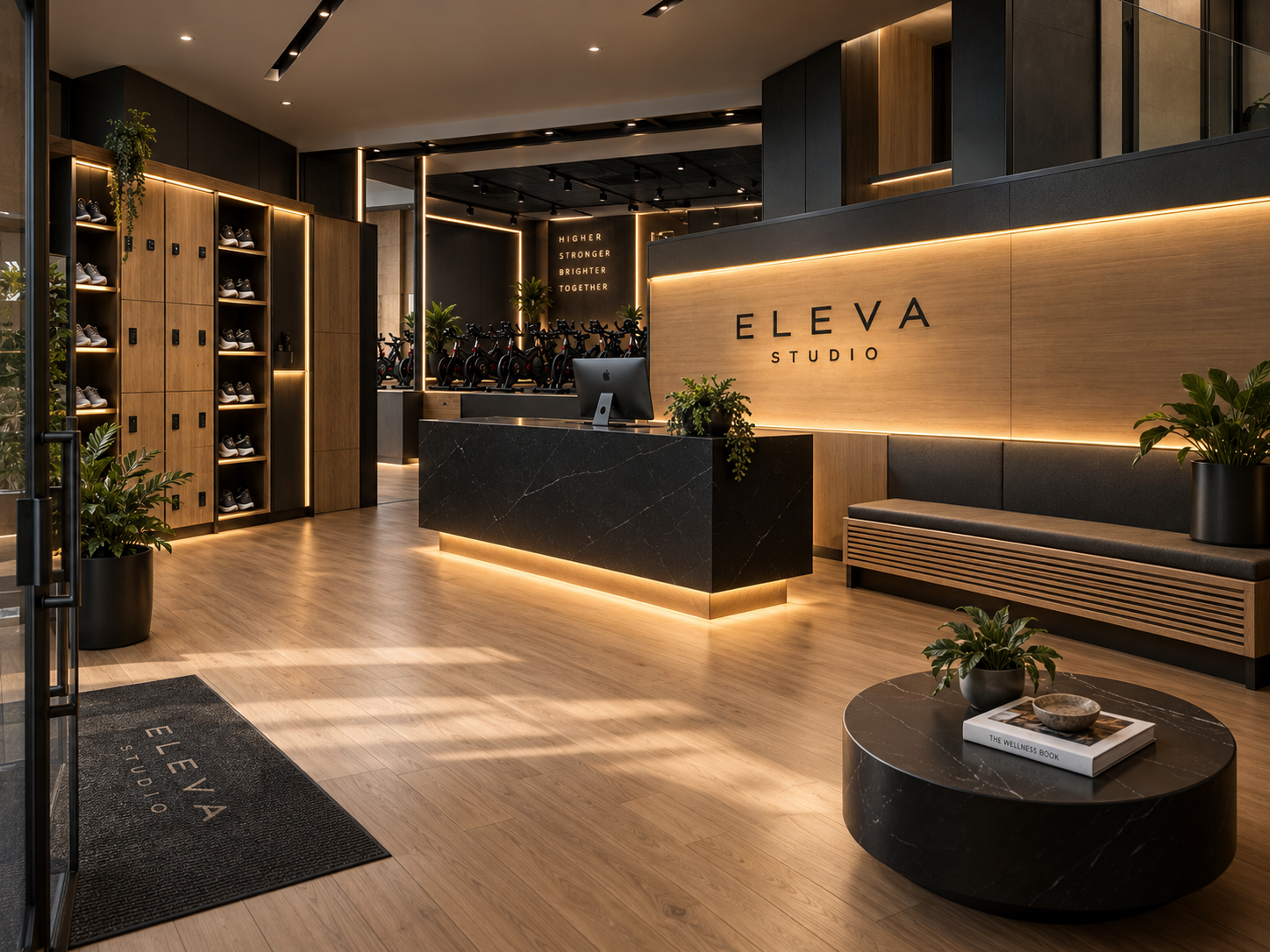 Visualización conceptual de la recepción de Eleva Studio, con acabados de madera, superficies oscuras e iluminación cálida.