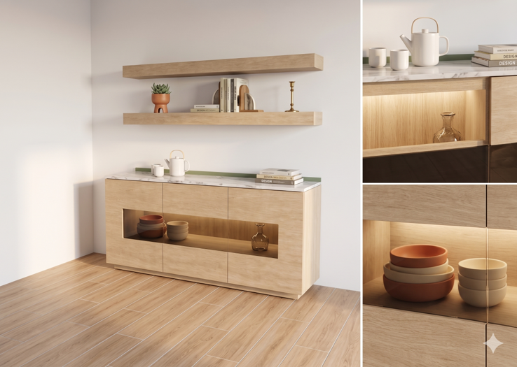 Render de la propuesta de buffetera de Pirineos 133, con madera clara, cubierta blanca, repisas y nichos iluminados