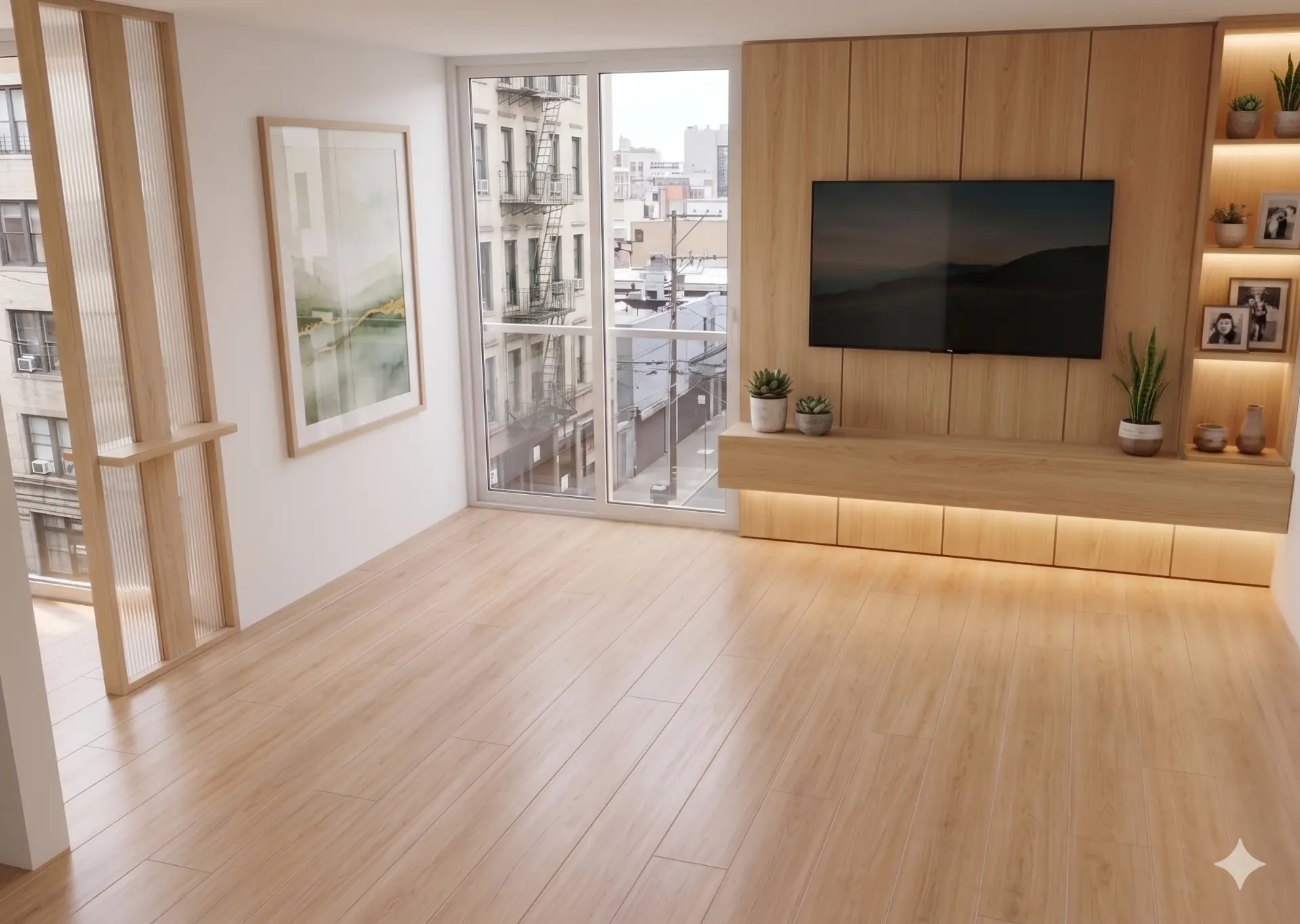 Render de la propuesta de sala de Pirineos 133, con mueble de televisión de madera clara, celosía e iluminación integrada