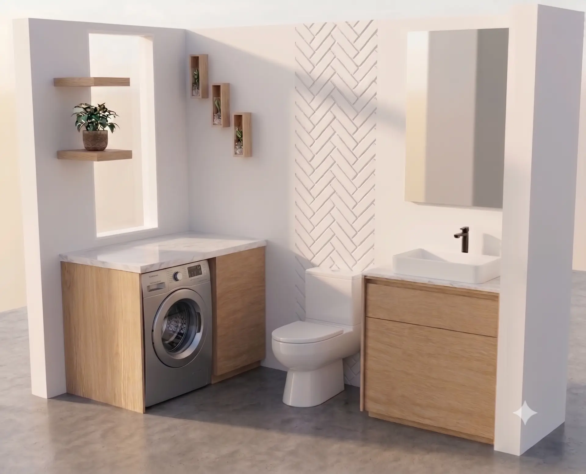 Render de la propuesta de baño de visitas y área de lavado de Pirineos 133, con mobiliario de madera clara